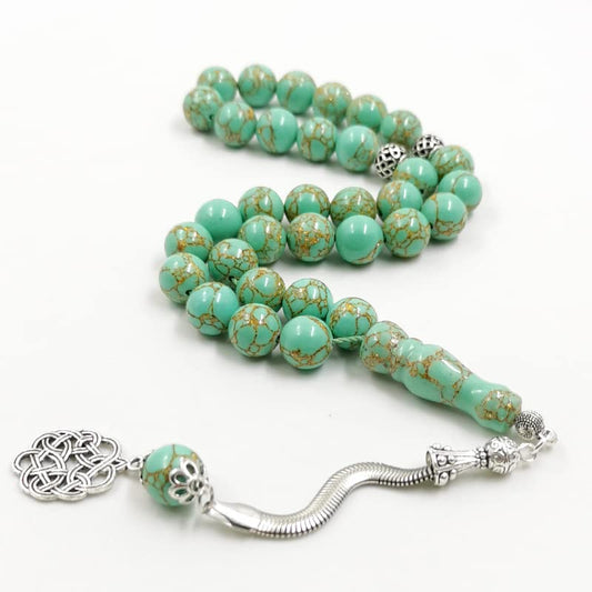 Tasbih Green Turquoise Stone Inside Gold Line Muslim Prayer Beads Islamic Rosary Beads Bracelet (10mm x 45 Beads) - size: 10mm x 45 beads