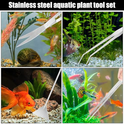 4Pcs Stainless Steel Aquascape Tool Kit with Tweezers Scissors Spatula | Silver Anti-Rust Fish Tank Starter Kit Aquarium Plant Tools for Trimming Scraping Reptile Feeding - color: Silver