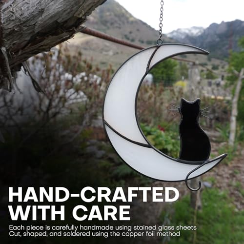 Cat Moon Stained Glass Suncatcher, Window Hanging Decor, Black & White - color: White Black
