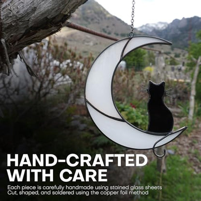 Cat Moon Stained Glass Suncatcher, Window Hanging Decor, Black & White - color: White Black