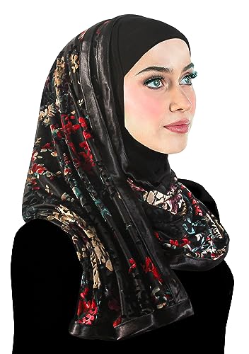 Stylish Mona Hijab Women's Black Kuwaiti with Chiffon Wrap Shawl & Satin Trim - color: Andalusia