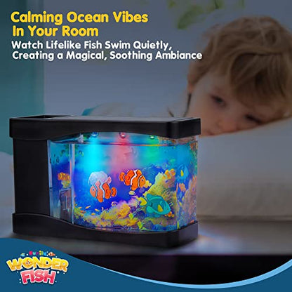 Artificial Fish Tank Virtual Ocean Toy in Motion Lamp - Mini Office Desk Aquarium 3 Colorful LED Lights, Moving Bubbles, Gift for Kids and Adults