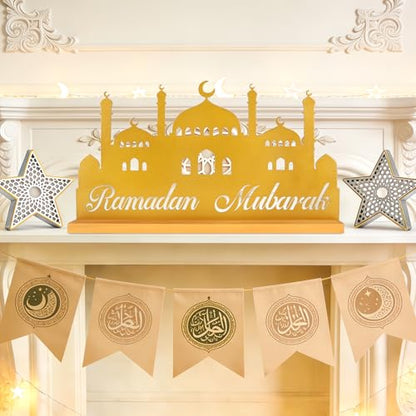 Ramadan Decorations for Home Eid Metal Table Sign Ramadan Mubarak Centerpiece for Tables Muslim Golden Palace Tabletop for Islamic Mosque Party Gift Tiered Tray Office Desk Shelf Indoor Hollow Letters