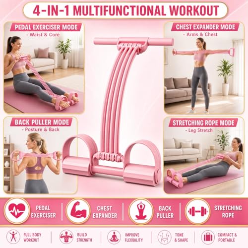Pedal Resistance Band with Handle Upgraded 8-Tube Resistance Bands with Handles Set, 3-in-1 Multifunctional Chest Expander, Back Puller and Stretching Rope,Detachable Pedal Exerciser for Home - color: Pink