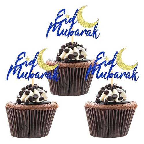 24 Pcs Eid Mubarak Cupcake Toppers for Eid Islamic Muslim Party Cake Decorations (Blue) - color: Blue