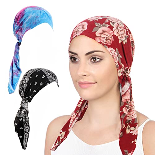 3 Packed Women's Pre Tied Head Scarves Slip On Chemo Beanies Hair Cover Headwrap Caps - color: C3-tie Dye Cashew Floral-3 Packed