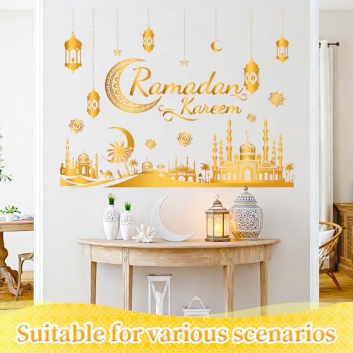 Ramadan Decorations for Home Ramadan Kareem Wall Stickers Islamic Muslim Wall Decals with Lantern Moon Star Designs Eid Mubarak Arabic Party Decor for Living Room Bedroom Window