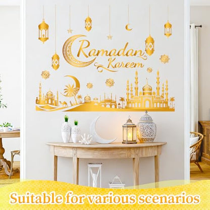 Ramadan Decorations for Home Ramadan Kareem Wall Stickers Islamic Muslim Wall Decals with Lantern Moon Star Designs Eid Mubarak Arabic Party Decor for Living Room Bedroom Window