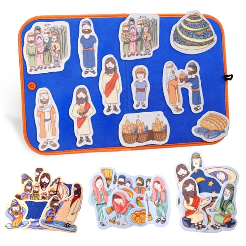 CHEFAN Felt/Flannel Board Story Set of 4, PRECUT Felt Pieces for Preschool Toddlers Circle Time,Bible Story,Feeding The 5000, Nicodemus, Jesus Walking on The Water, The Lost Coin - color: Feeding the 5000 & Other 3 Bible Stories Set
