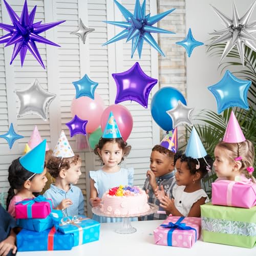 Blue Purple Silver Star Balloons,16Pcs 22/18/10 Inch Foil Galaxy Decor - color: Blue Purple Silver