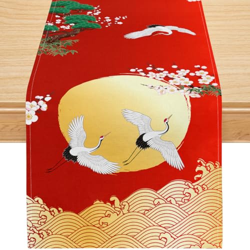 Japanese Crane Table Runner,Golden Sun Ocean Wave, Red Oriental Style Cotton Linen Tabletop Decor with Plum Blossom and Pine Tree for Dining Room Kitchen Wedding Festival – 13x36 Inch - color: Red Gold Crane, size: 13x36inch