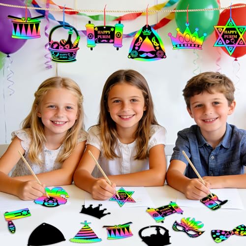 FEBSNOW 48 PCS Purim Crafts for Kids Rainbow Magic Scratch Art Paper Cards for Purim Party Favors Hanging Ornaments Classroom Activities Project DIY Crafts Gift - style: Purim
