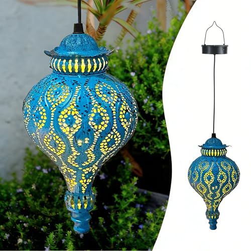 Moroccan Solar Lanterns Outdoor Waterproof Blue Hanging Lanterns Outdoor Ramadan Garden Decor Gardening Gifts for Women Mom Grandma Solar Lights for Patio, Pathway, Yard, Porch, Backyard. - style: Blue Moroccan