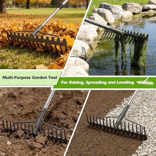 Bow Rake,Heavy Duty Metal Garden Rake for Moving Gravel Loosening Soil Leveling Ground Gathering Leaf Debris Spreading Mulch, 17 Tines,Adjustable Handle, for Lawn Garden Farm Landscape Work (77") - style: 77"