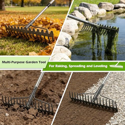 Bow Rake,Heavy Duty Metal Garden Rake for Moving Gravel Loosening Soil Leveling Ground Gathering Leaf Debris Spreading Mulch, 17 Tines,Adjustable Handle, for Lawn Garden Farm Landscape Work (77") - style: 77"