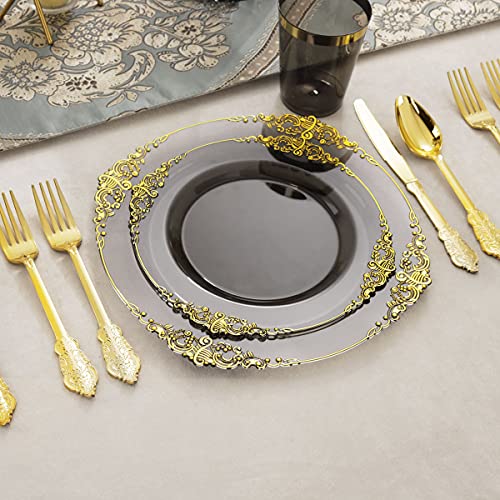 Nervure 175pcs Clear Black Plastic Plates - Gold Plastic Dinnerware Set for 25 Guests include 50 Disposable Plates,75 Gold Silverware,25 Cups,25 Napkins Perfect for Party&Independence Day - color: Black, style: 175Pcs(25Guests)