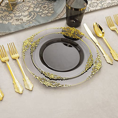 Nervure 175pcs Clear Black Plastic Plates - Gold Plastic Dinnerware Set for 25 Guests include 50 Disposable Plates,75 Gold Silverware,25 Cups,25 Napkins Perfect for Party&Independence Day - color: Black, style: 175Pcs(25Guests)