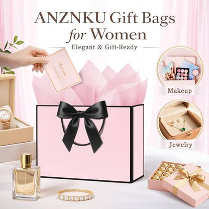 ANZNKU 2PCS Pink Gift Bags with Handles, Medium Gift Bags for Women with 4 Tissue Paper 2 Ribbons 2 Cards, Cute Present Bag for Wedding Birthday Graduation Engagement Bridal Baby Shower Party Favors - color: Blush Pink