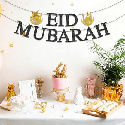 Eid Mubarak Banner - Happy Eid Decor, Ramadan Mubarak Decor, Muslim Islamic Eids Festival Party Decorations Gold Glitter