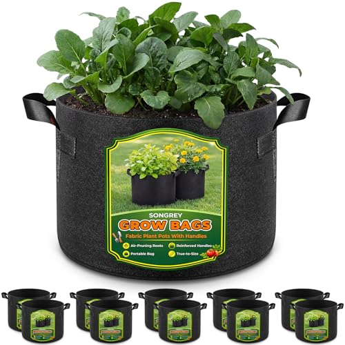 Songrey 10-Pack 10 Gallon Grow Bags | Thickened Nonwoven Fabric Pots, Outdoor Heavy Duty Garden Planters, Potato Grow Bags with Handles - color: Black, size: 10 Gallons