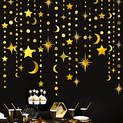 Gold Star Moon Party Decorations Gold Circle Dot Garland Crescent and Twinkle Little Star Streamer Banner for to The Moon Birthday Witchy Whimsical Ramadan EID Mubarak Celestial Decor Supplies - color: Gold