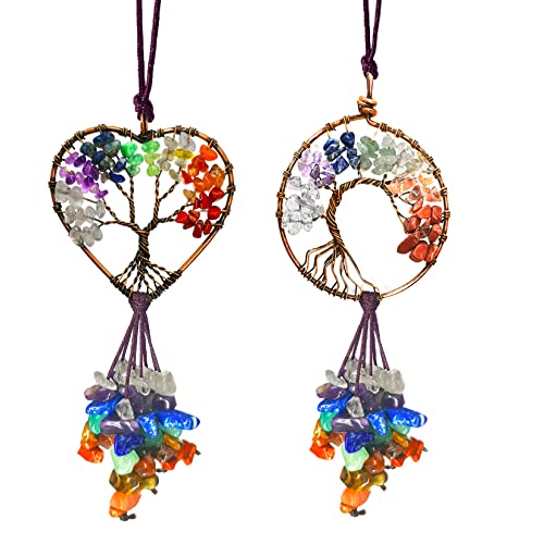 Healing Crystal Decor Tree of Life Car Mirror Hanging Accessories,7 Chakras Stones Wall Decor Car Mirror Decor Hanging Decoration Decor (Tree of Life-Round+Heart) - color: Tree of Life-round+heart