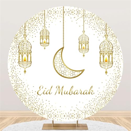 7.2ft Eid Mubarak Round Backdrop Cover Circle Arabian Ramadan Mubarak Islamic Muslim Circle Backdrop Gold Moon Lantern Circle Circle Background Polyester for Hajj Festival Party Decor Banner - size: 7.2ft-Diameter