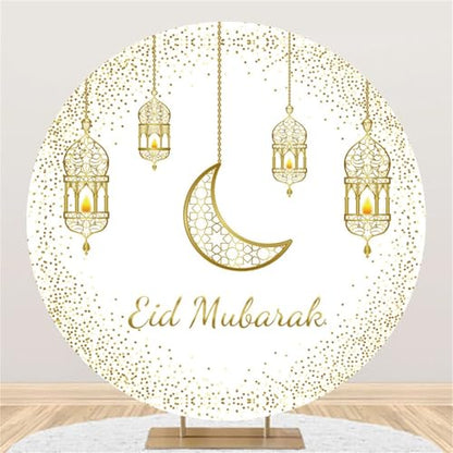 4ft Eid Mubarak Round Backdrop Cover Circle Arabian Ramadan Mubarak Islamic Muslim Circle Backdrop Gold Moon Lantern Circle Circle Background Polyester for Hajj Festival Party Decor Banner - size: 4ft-Diameter