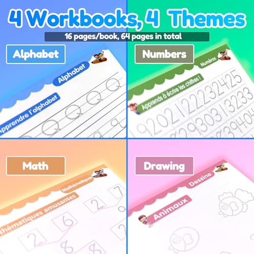 4 Magic Tracing Practice Books – Grooved Handwriting French Copybooks for Kids, Reusable Writing Practice Workbooks Without Tears, Disappearing Ink for Toddlers Preschool Learn (French) - color: French