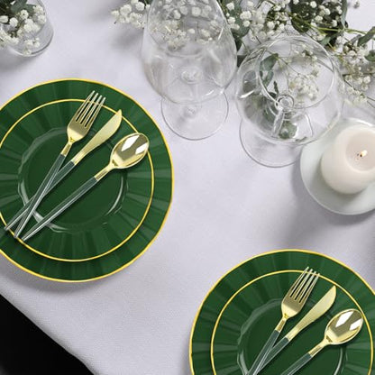 150Pcs Plastic Plates with Gold Rim,Heavy Duty Green Plates for 30 Guests,Plastic Dinnerware Set Include 30 Dinner Plate,30 Dessert Plate,90 Gold Cutlery Set for Party (Green) - color: Green