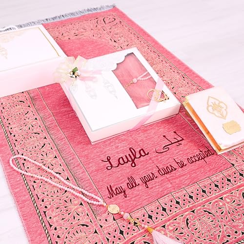 IEF Personalized Wedding Gifts Prayer Mat, Eid Gifts Quran Prayer Beads Set Birthday Gifts for Women Mother's Day Gifts Anniversary Gift Chenille Prayer Rug Pearl Prayer Beads Arabic Quran (Pink) - color: Pink