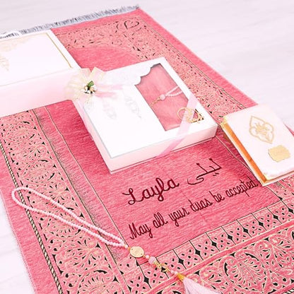 IEF Personalized Wedding Gifts Prayer Mat, Eid Gifts Quran Prayer Beads Set Birthday Gifts for Women Mother's Day Gifts Anniversary Gift Chenille Prayer Rug Pearl Prayer Beads Arabic Quran (Pink) - color: Pink