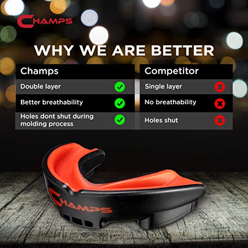 Champs MMA Breathable Mouth Guard for Boxing, MMA, Jiu Jitsu, Muay Thai, Wrestling & Combat Sports – Easy Fit, Boil & Bite Design Mouthpiece – Durable Boxing Mouthguard for Men & Adults, Case Included - color: Black