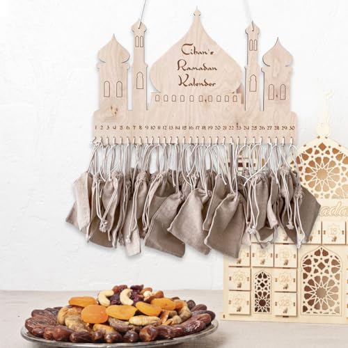 Ramadan Decorations Countdown Calendar, Wooden Advent Calendar with Cloth Pocket Eid Mubarak Decoration, 30 Days Eid Mubaraks Home Ornament, Ramadan Decor Wooden Wall Signs Wall Plaque