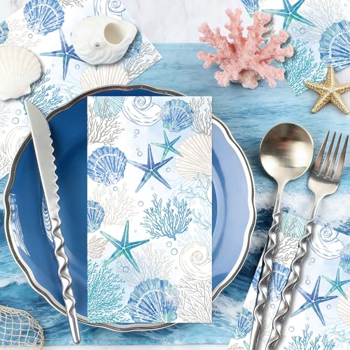 Rakuto Coastal Beach Disposable Paper Napkins, 100PCS Beach Nautical Theme Dinner Hand Napkin, Sea Blue Bathroom Disposable Hand Towels for Home Kitchen Bathroom Holiday - style: Coastal Beach