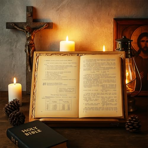 DoubleFill Adjustable Wooden Bible Stand Carved Bible Holder Missal Stand Book Display for Reading Folding Religious Prayer Wooden Holy Book Holder 12.99 x 10.04 Inches (Light Brown) - color: Light Brown