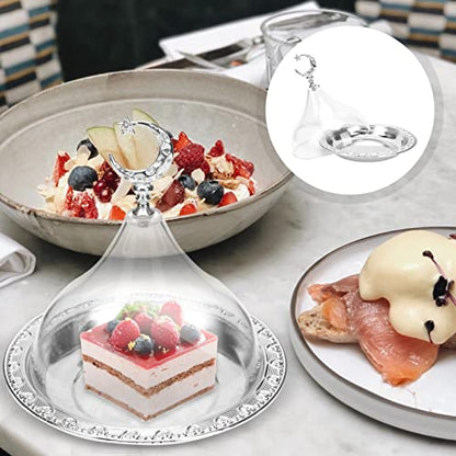 Kichvoe Electroplating Iron Food Serving Tray with Clear Lid 6.69 Inch Compact Snack Storage Plate for Desserts Cakes Fruits and Party Use