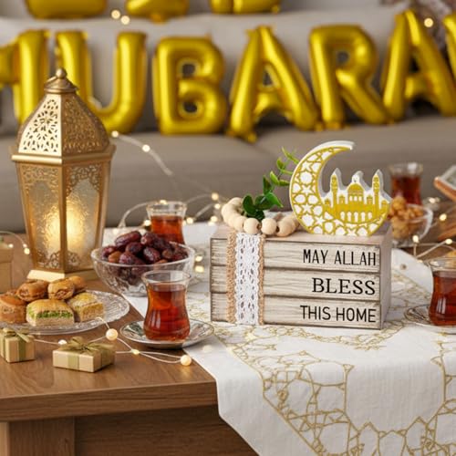 Eid Mubarak Decorations for Home Ramadan Decorations Wood Ramadan Mubarak Table Sign Golden Moon Eid Tiered Tray Sign for Islamic Muslim Table Indoor Shelf Office Gifts - style: Eid Mubarak