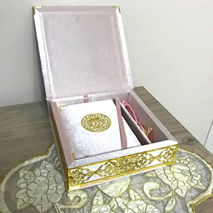 Velvet Covered Quran and Pearl Tasbih in Wooden Decorative Box | Gift Islamic Set Birthday, Wedding Muslim Eid Ramadan (Pink) - color: Pink