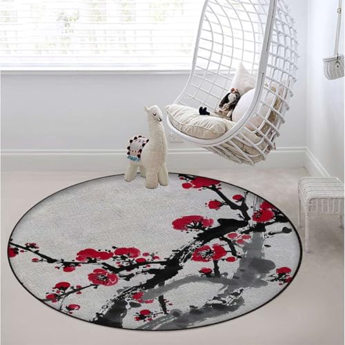 Plum Blossom Branch Round Office Chair Mat - Traditional Ink Painting Non-Slip Multi-Purpose Desk Chair Mat for Hardwood, Tile, and Carpet Floors, Home Use Black Red Pink Diameter 39.4 in - color: Plum Blossom Branch_2509, size: Diameter 39.4 in