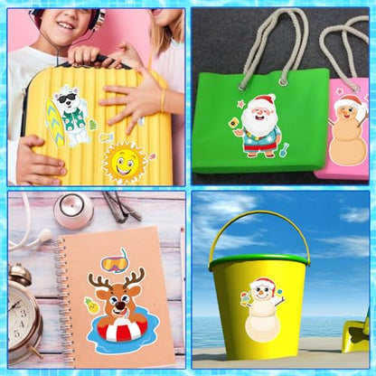 Summer Stickers for Kids, July Christmas Hawaii Tropical Beach Stickers | 24 PCS Make Your Own Mix and Match Sticker with Santa Claus, Reindeer, Penguin, Polar Bear and Snowman, Make a Face Stickers - style: July Christmas Stickers