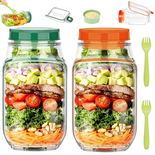 2 PCS Portable Salad Jar with Side Opening Leakproof, On the Go Salad Jars
