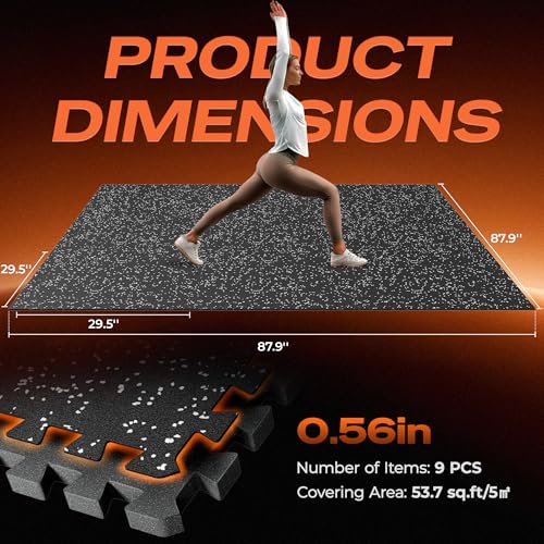 SUPERJARE 30" x 30" Larger Rubber Top Exercise Equipment Mats, 0.56" Thick 9PCS 56.3 Sq Ft High-Density EVA Foam Interlocking Gym Flooring, Big Workout Mat for Home Gym, Floor Protection, Black/Grey - size: 9 Tiles (56 Sq Ft)