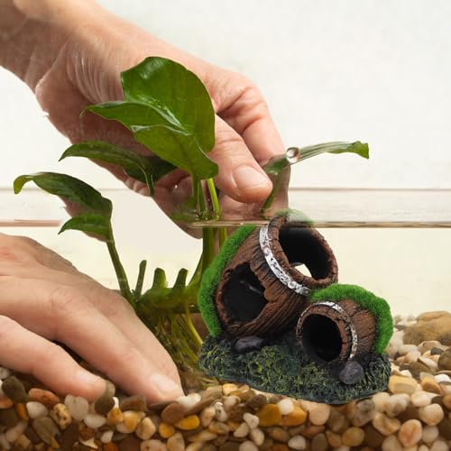 Aquarium Barrel Hideout Resin Fish Tank Decor Ornament Double Broken Barrel Landscaping Cave for Betta and Reptile Tanks Small Size