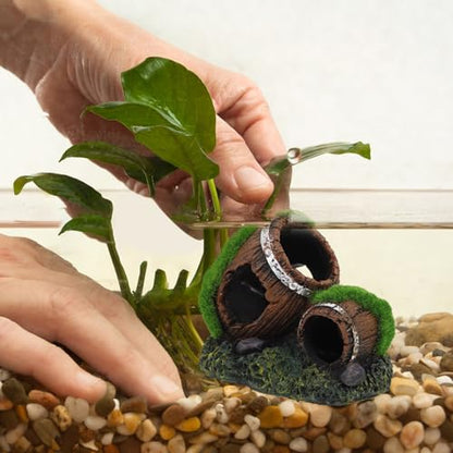 Aquarium Barrel Hideout Resin Fish Tank Decor Ornament Double Broken Barrel Landscaping Cave for Betta and Reptile Tanks Small Size