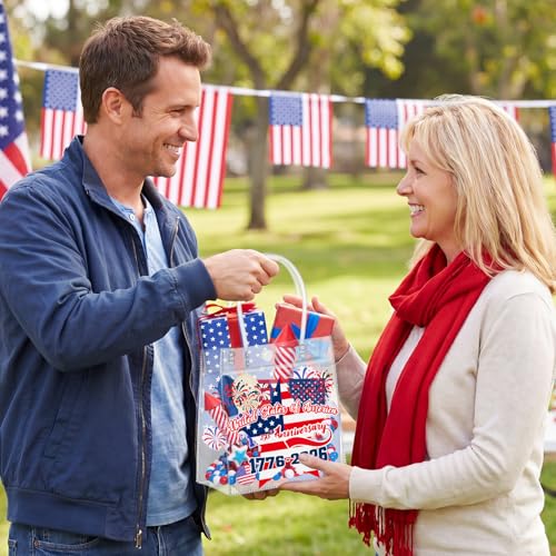 Aliceset 24 Pcs 250th Anniversary Clear PVC Gift Bags with Handles Patriotic Waterproof Reusable Tote for 4th of July Independence Day Party Favors, 6.31" x 5.91" x 3.15" - style: Patriotic