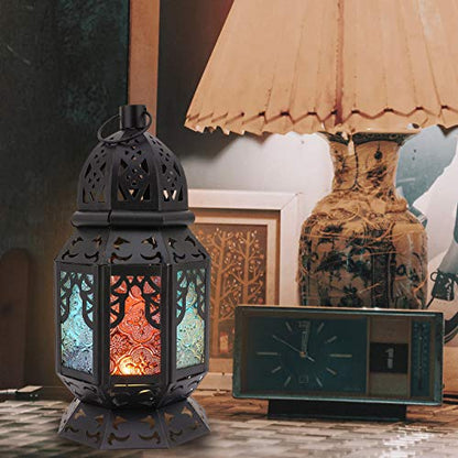Lewondr Ramadan Lights, Retro Iron Ramadan Candle Lantern with Moon Shape Ramadan Desk Lamp Décor for Home Bedroom Romantic Bedside Desktop Nightstand Decoration