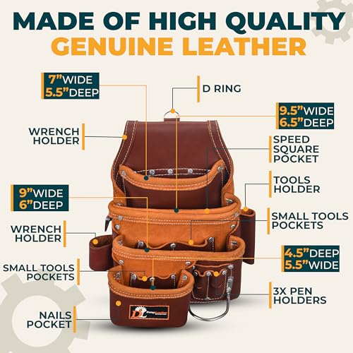 Daisy Leather Tool Bag Pro 505 Premium Leather Oil Tanned 13 Pockets with Speed Square Pocket Multi-Purpose Tool Organizer for Handyman Carpenter Electrician Construction Farmers X-Large… - color: Cherry