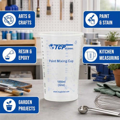 TCP Global 32 oz. (1000ml) Graduated Plastic Mixing Cups (Box of 25) - Disposable Plastic Measuring Cups for Liquids, Paints, Resin, Epoxy, Art, Kitchen - Ratios 2-1, 3-1, 4-1 ML