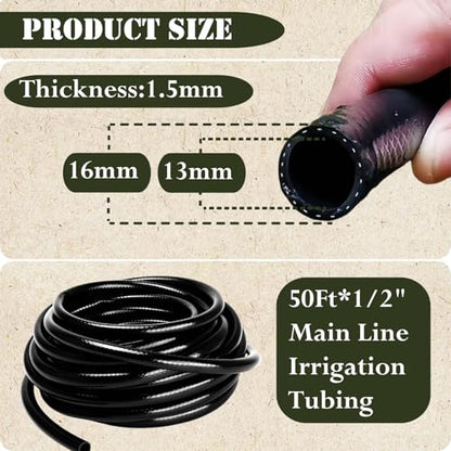 1/2in. Drip Irrigation Tubing - 50FT Drip Line Irrigation System Parts for Garden(Includes 1/2" Straight Connector,Switch Valves, T Connectors, 1/2" to 1/4" Tubing Reducers, Cable Zip Ties) - size: 1/2" Tubing-50FT, style: 1/2 INCH